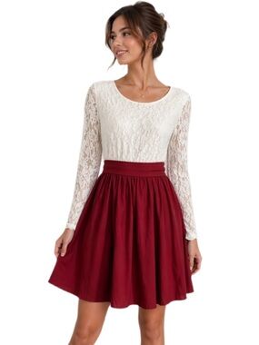 NWOT Red White Lace Dress Long Sleeve Fit & Flare Holiday Party — M